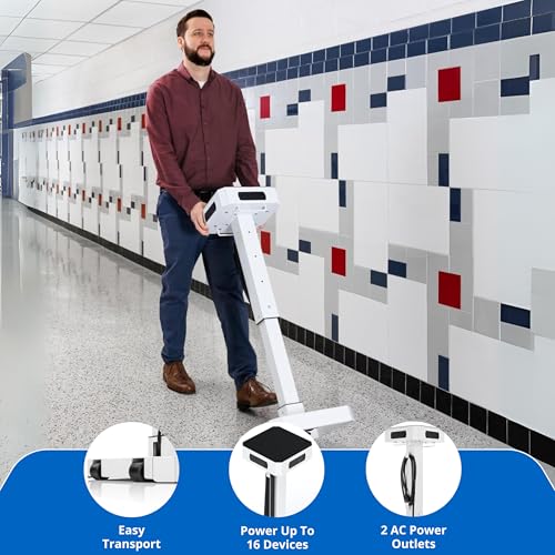 Image of Classroom Basics LuxPower Mobile Charging Tower - 8 AC Outlets & 8 USB Ports, Adjustable Height, Padded, Hidden Casters - Charge 16 Devices, Perfect for Classrooms, Offices, & Conference Rooms