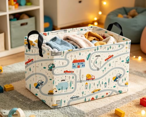 Image of Rectangle Kids Baskets Car Basket Boys Storage Bin Fish Box for Room Decor Gift Basket(Road car)
