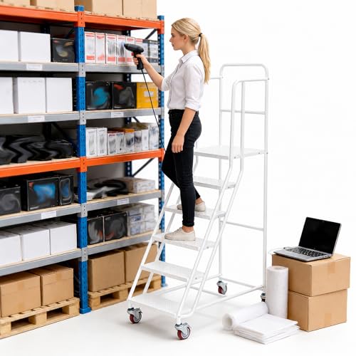 Image of 6 Step Rolling Ladder with Handrails, 880 lbs Capacity Heavy Duty Steel Mobile Warehouse Ladder with Locking Wheels, Non-Slip Rolling Stairs with Large Platform for Garage, Stockroom, Library
