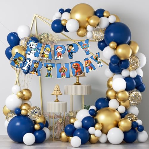 Image of Rozi Decoration Paw Patrol Birthday Banner Party Ideas, Puppy Theme banner Hanging Decoration Kit. Suitable for boys and girls children's party decor with Blue White Gold Grland Pack of 67 Pcs