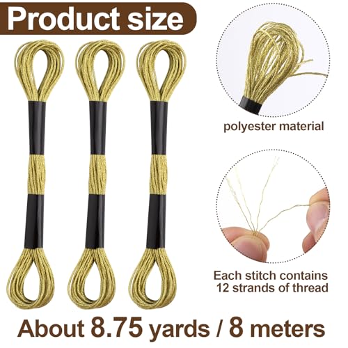 Image of 3 Skeins Metallic Embroidery Floss, Glitter Gold Embroidery Thread String, Polyester Cross-Stitch Threads for Hand Embroidery, String Art, DIY Bracelet- Gold