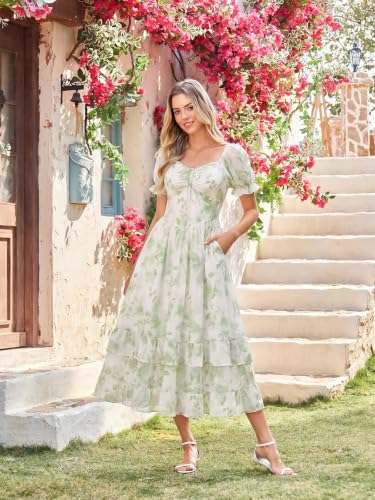 Image of Scarlet Darkness Women Floral Maxi Dress Puff Sleeve Tea Party Corset Dress | Pockets, Ruched Bust, Ruffled Hem, for Cottagecore Fairy Milkmaid Vacation