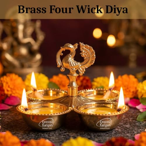 Image of Brass Kankavati Haldi Kumkum Container | Traditional Pooja Sindoor, Chawal Holder | Peacock Design 4 Bowl Pooja Accessory for Festivals, Gifting & Home Mandir (Brass Polished, Large)