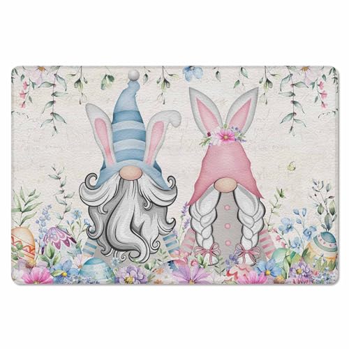 Easter Gnomes Egg Kitchen Bath Door Mat Cushioned Runner Rug,Washable Welcome Floor Sink Antifatigue Mat,Waterproof & Non-Slip Comfort Standing Doormat,Vintage Flower Eucalyptus Leaves Herb 18