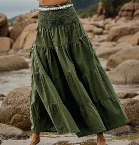 Women’s Vintage Smocked High Waist Tiered Maxi Skirts Boho A-line Casual Loose Flowy Long Skirt with 2 Pockets2