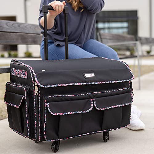Everything Mary XXL Rolling Sewing Machine Case – Black Floral Wheeled Craft Bag – Compatible with Large Brother & Singer Machines – Durable Travel Storage Tote