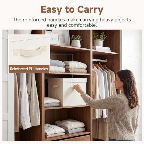 Image of StorageWorks Storage Bins with Lid, Decorative Fabric Storage Bins with Handles, Stackable Closet Organizers for Shelves and Bedroom, Large, Beige(Cotton Linen), 2-Pack
