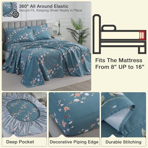 Image of Floral Percale Bed Sheets Queen Size Light Blue 4Pcs Set, Shabby Rose Patterned Chic Deep Pocket 100% Cotton Fitted Sheet Set, Soft Crisp Toile Bedsheets, Luxury Vintage Flower Bedding