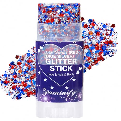 Paminify Red White Blue Hair Glitter Stick,4th of July Patriotic America Flag Star Face Body...
