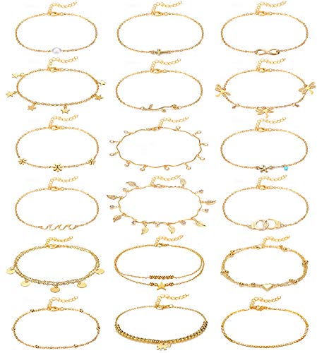 Honsny 18 PCS Anklets Gold Silver Beach Ankle Bracelets for Women Layered Adjustable Anklets Set Boho Summer Foot Chain Jewelry (Gold-2)