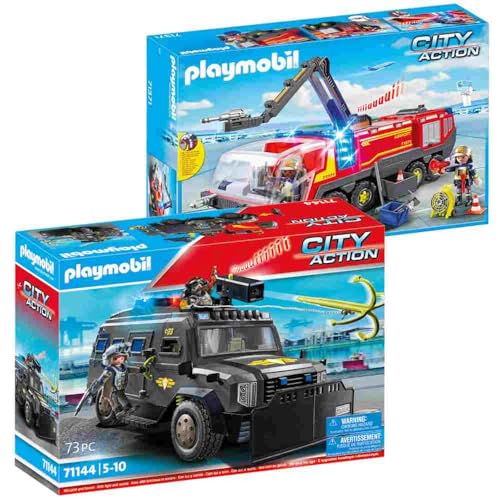 PLAYMOBIL City Action 71144 SWAT-Geländefahrzeug, modernes SEK-Geländefahrzeug mit Licht und Sound & 71371 Flughafenlöschfahrzeug