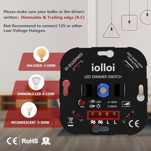 iolloi LED Dimmer Schalter, Drehdimmer Unterputz Dimmschalter für Dimmbare LEDs 3–150W / Halogen 3–300W, dimmer für led lampen, LED Dimmer 230V, weiß