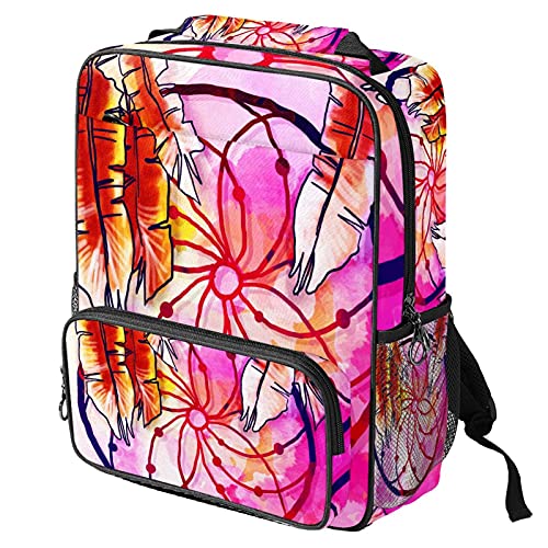 Sac à dos ordinateur portable rose imprimé attrape-rêves au design bohème décontracté