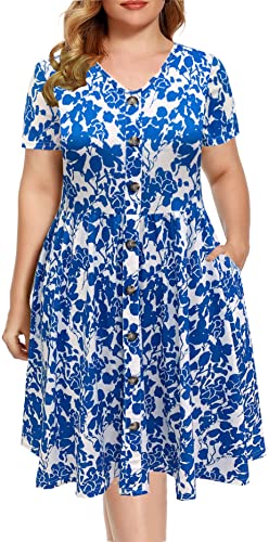 BEDOAR Damen Casual Plus Size Kleid V-Ausschnitt Knielang A-Linie Party Cocktail Swing Kleid mit Taschen, blaue blume, 54 Mehr