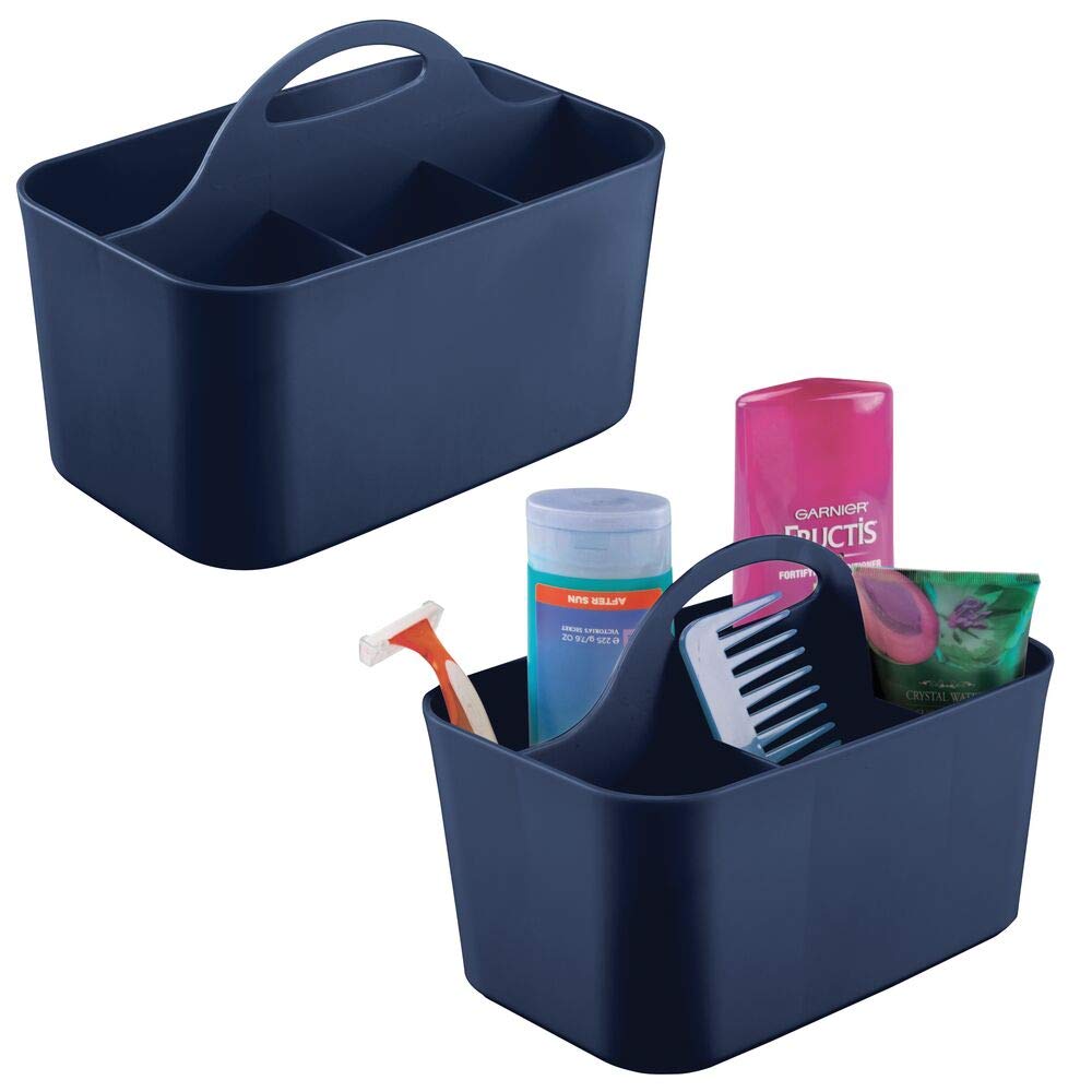 mDesign Plastic Portable Storage Organizer Caddy Tote, Divided Basket Bin with Handle, for Bathroom, Dorm Room - Holds Hand Soap, Body Wash, Shampoo, Conditioner, Lotion - 2 Pack, Small, Navy Blue