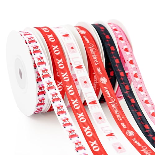 6 Rolls Valentine’s Day Ribbons-3/8 Inch Heart...