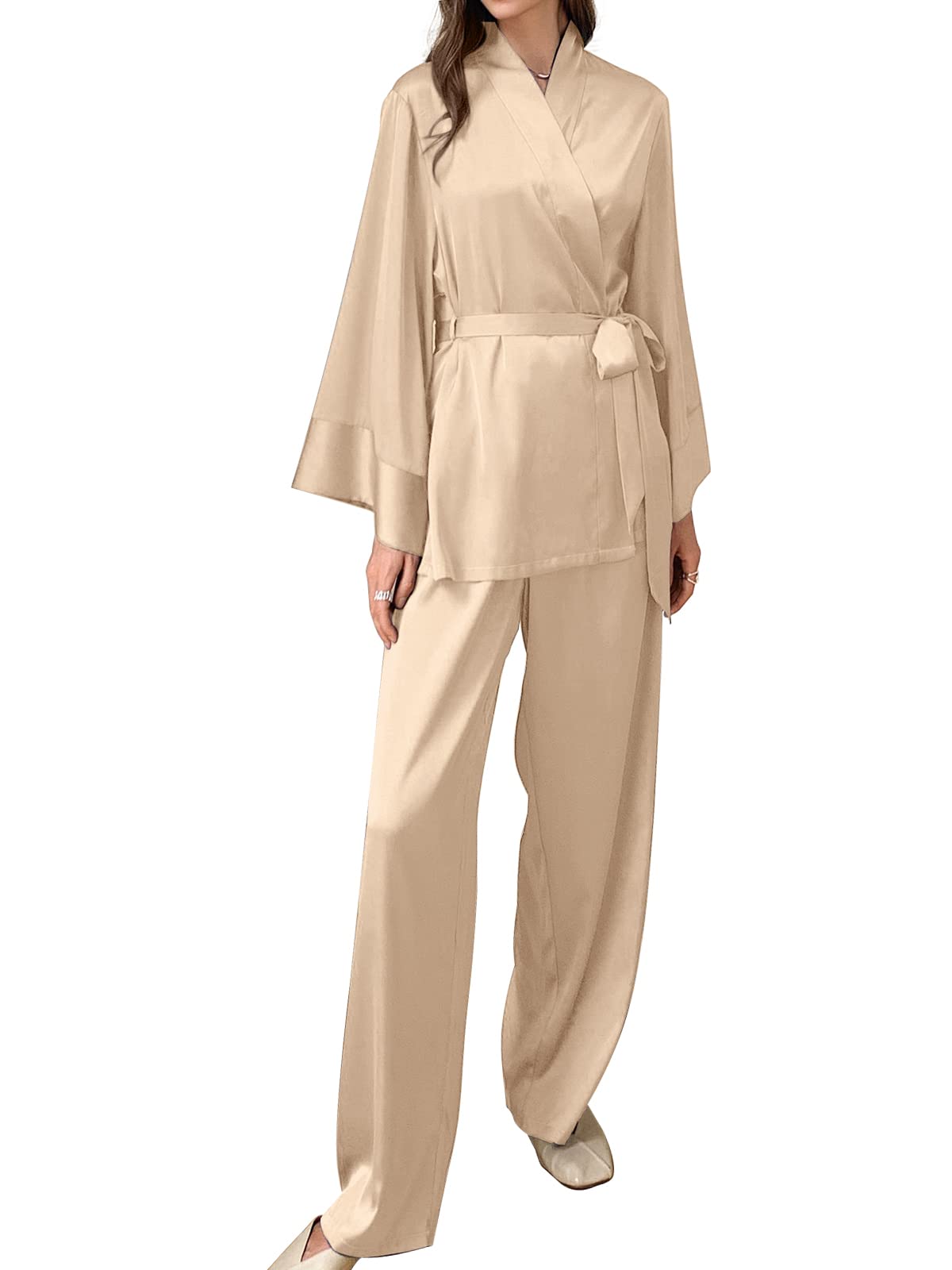 DUWMCONSilk Satin Pajamas for Women Long Sleeve PJ Set Robe Top With Pants Two Piece Lounge Sets Soft Sleepwear