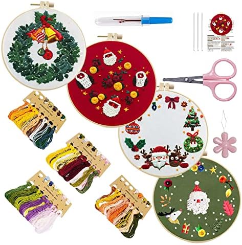 ProJoyJoy 4 Pack Needlepoint Kits for Adults with Instructions,Cross Stitch Kit Beginners, DIY Christmas Embroidery Starters Set, Including Embroidery Hoops, Embroidery Cloth(H)