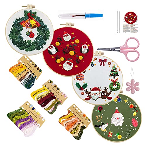 Projoyjoy 4 Pack Needlepoint Kits For Adults With Instructions,Cross Stitch Kit Beginners, Diy Christmas Embroidery Starters Set, Including Embroidery Hoops, Embroidery Cloth(H) #TOP3