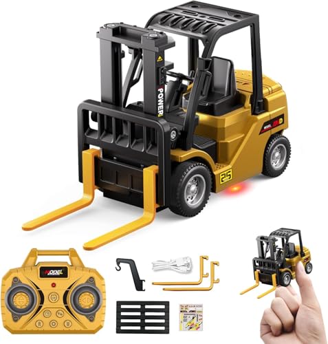Image of PLUSPOINT 1 /64 RC Forklift Toy, Remote Control Forklift Truck with Rechargeable Battery, 10 Channel 2 Modes, Transformable Lift Fork & Hook, Lights & Sounds, Construction Toy Gift for Kids Boys