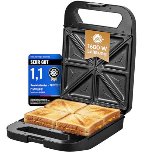 ProfiCook Sandwichmaker für 4 Sandwiches gleichzeitig | Antihaft-Platten | kein Anbrennen | Sandwich Maker 1600W | Bereitschaftsanzeige | Toaster Sandwichtoaster PC ST 1329
