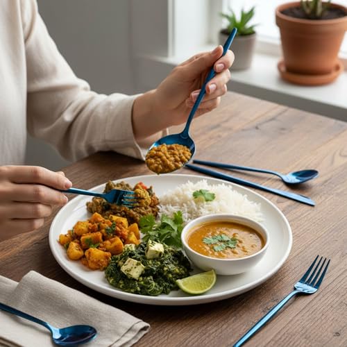 Image of 15 Pcs Blue Cutlery Set for Dining Table the Perfect Lightweight Silim Handle Tableware Including Dinner Spoon, Dinner Fork, Dinner Knife, Dessert Spoon & Dessert Fork