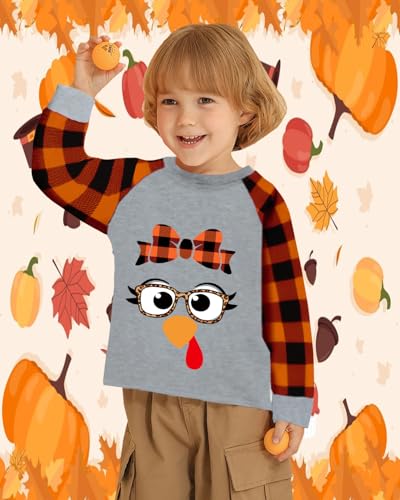 CM-Kid Toddler Girls Thanksgiving Shirt Turkey Gobble Thankful Vibes Orange Plaid Long Sleeve Tshirt Tops 2-7 Years2