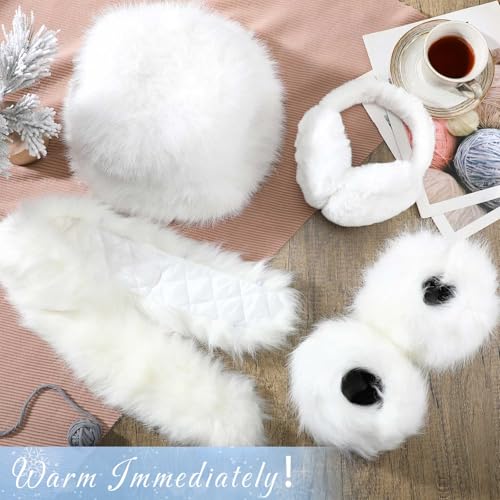 Winter Faux Fur Collar Scarf Wrap Winter Fuzzy Bucket Hat Ear Muffs Foldable Faux Fur Wrist Cuffs Set for Women4