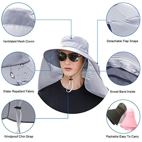 Image of Women Wide Brim Face Mask Sun Hat Detachable Neck Face Flap Ponytail UV Protection Visor Hat Garden Fishing Hiking