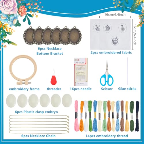 Image of INFUNLY 6 Sets DIY Flower Embroidery Pendant Kit with Chains for Adult Beginners Insect Embroidery Necklace Kits with Instructions Floral Necklace Starter Cross Stitch Kit for DIY Art Craft Women Gift