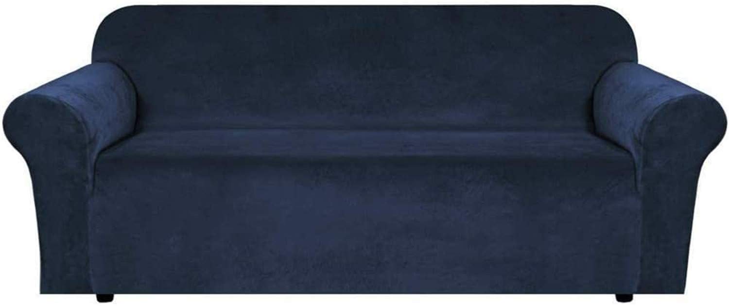 Housse de canapé extensible en velours bleu marine pour salon 4 places
