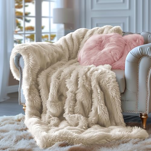 Hyde Lane Fluffy Cute Throw Blankets for Couch Sofa, 2 Way Reversible Ultra Soft Long Faux Fur, Shaggy Cozy Fuzzy Blanket Beige/Khaki, 60x80 - Thumbnail 7