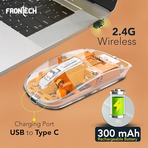 Image of FRONTECH 2.4G & Bluetooth Wireless Mouse | 3200 DPI | 5 Buttons | Transparent Ultra-Slim Design | 300mAh Rechargeable | USB to Type-C (MS-0075)
