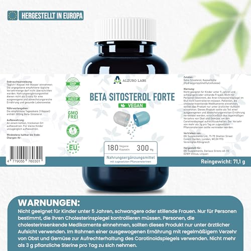 Alzuro Labs Beta-Sitosterol 300 mg | 180 vegane Kapseln | Hochwirksame Pflanzensterine | Von unabhängigem Labor getestet | GMP-zertifiziert | Gluten- und GVO-frei | Vorrat für 6 Monate