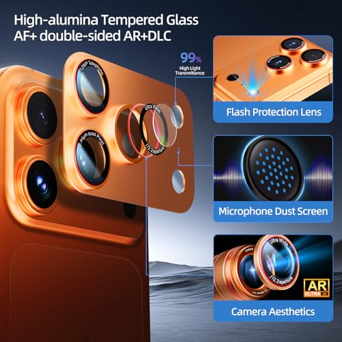 Image of HelloDeere 9H High-alumina Tempered Glass Camera Lens Protector for iPhone 17 Pro Max Lens , Military-Grade Shatterproof with Strong Adsorption, Full Coverage Case-Friendly Cover (Orange, iPhone 17 Pro Max - 2 Pack)