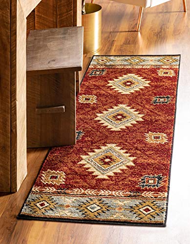 Rugs.com Pioneer Collection Rug – 10 Ft Runner Red Medium-Pile Rug Perfect for Hallways, Entryways