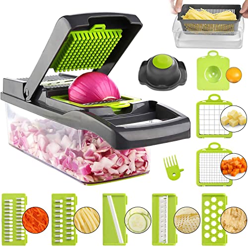 ADOV Coupe Legumes Multifonctions, 14-en-1 Mandoline Cuisine, Coupe Legume Manuel, Decoupe Legumes avec 7 Lames Réglable, Protège-Main, Découpe Legume pour...