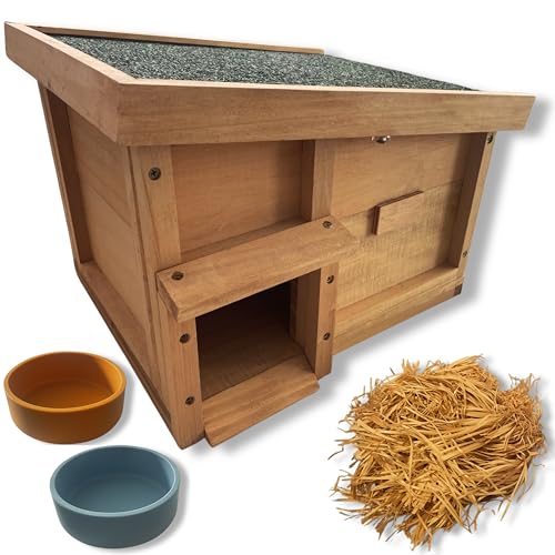 Natures Wardrobe Hedgehog House & Feeding Station - Predator Proof Nesting Box For Garden with Bedding and Bowls - Self Assembly Required