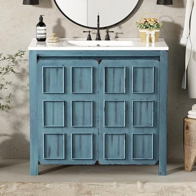 Bathroom Vanity Set, 36 Bathroom Vanity with Resin Sink Combo, Solid Wood Frame Bathroom Storage Cabinet with 5 Drawers & Soft Closing Doors, MDF Boards, Gold Metal Knobs