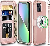 VANAVAGY iPhone 13 Mini Wallet Case for Magsafe,Leather Flip Folio Wrist [Screen Protector Included]