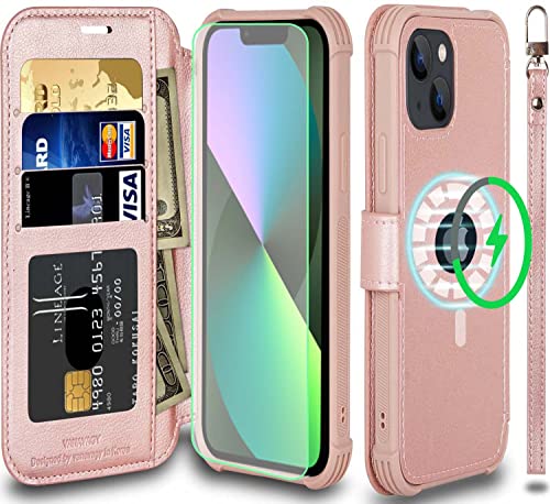 Vanavagy Iphone 13 Mini Wallet Case For Magsafe,Leather Flip Folio Wrist [Screen Protector Included][Magsafe And Wireless Charging] With Rfid Block Card Holder For Iphone 13 Mini,Rose Gold #TOP6