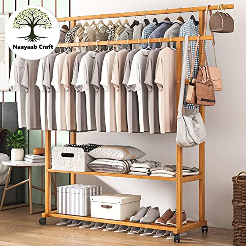 Image of Naayaab Craft Bamboo Free Standing Clothes Rail, Multifunctional Stand Rack, Wooden Coat Hanger With Dual Layer for Coat, Jacket, Umbrella, Clothes, Hats, Scarf, Handbags (Size-100x42x150cm)