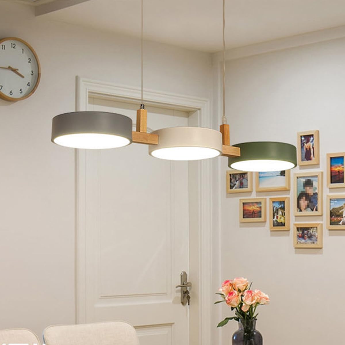 Lámpara Colgante nórdica de 3 Cabezas, lámpara Colgante de Hierro, lámpara Colgante de Madera Maciza, lámpara Colgante LED Creativa de Altura Ajustable para Sala de Estar