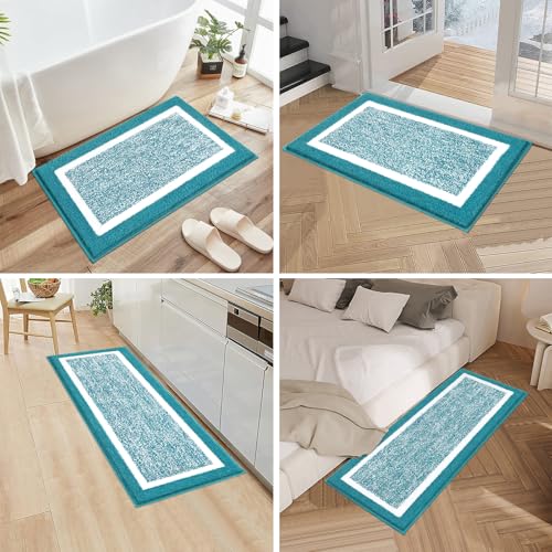 Pauwer 3 Piece Bath Mat Set, Non Slip Plush Bathroom Mats, Absorbent Shaggy Bathroom Rug Set with U-Shaped Contour Toilet Mat for Bedroom Living Room, Aqua Blue