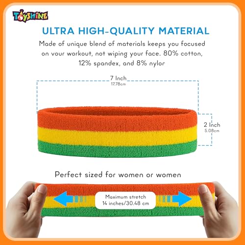 Image of Toyshine Cotton 3 Pieces Sweatbands Set, Includes Sports Headband And Wrist Sweatbands Striped Sweat Band For Athletic Men And Women - Orange Yellow Green