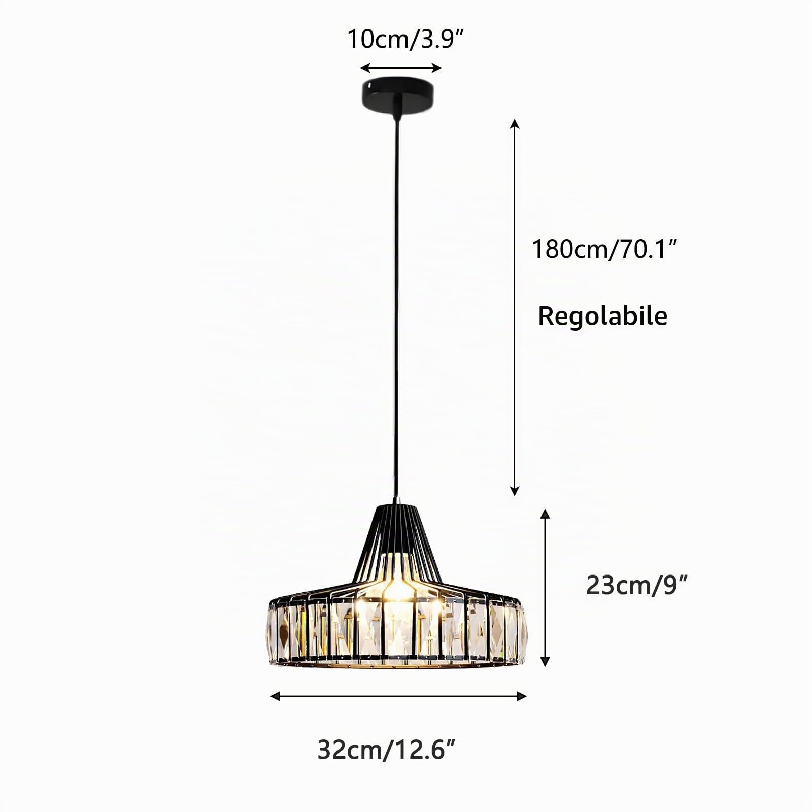 Lampadario Moderno in Cristallo e Metallo Altezza Regolabile Attacco E27 Compatibile con Lampadine Dimmerabili per Cucina Sala da Pranzo Camera da Letto (Nero, 32cm)