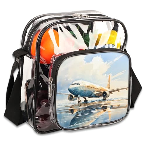 Clear Crossbody Bag Stadium Approved Airplane Flying Transparent Bag for Festivals, Sports Events, Concerts,Beach Bag for Women Men Clear Purse with Front Pocket Messenger Bag with Adjustable Strap