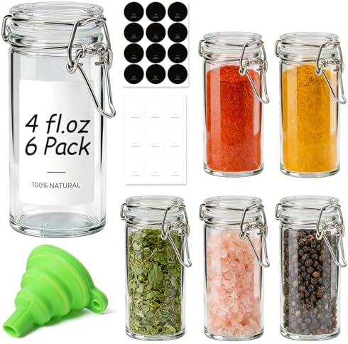 ComSaf 4 oz Glass Spice Jars with Airtight Clamp Lids, 6 Pack Sma...
