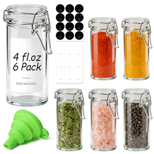 Image of ComSaf Small Glass Spice Jars with Airtight Lids 4oz 6 Pack with Labels | BPA-free food-grade glass, airtight lid, spice & herb storage, 4 oz tea jars, label rack fit