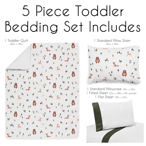 Image of Sweet Jojo Designs 5-Piece Toddler Bedding Set (Woodland Animals) for Girls & Boys, Kids incl. Bed in a Bag Comforter, Blanket, Pillowcase, Sham & Sheets (Sage Green, Watercolor, Forest Animal Friend)